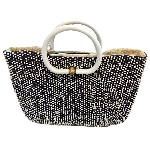 Vtg 1948 Caviar Beadette Lumured Navy Beaded Multicolor Handbag w/Lucite Handles - Picture 1 of 16